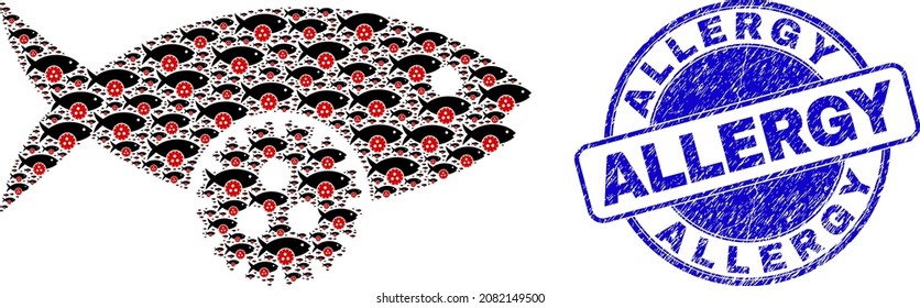 Vector fish virus icon collage is made from repeating self fish virus elements. Allergy textured blue round stamp seal. Fractal collage from fish virus icon.