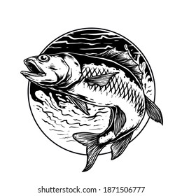 vector of fish in the wave for fishing club logo badge