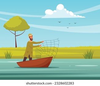 Vector fisherman in boat catching fish with net in lake