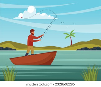 vector fisherman in boat catching fish in lake