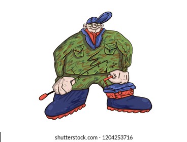 Vector fisherman in camouflage with a fishing rod and boots
