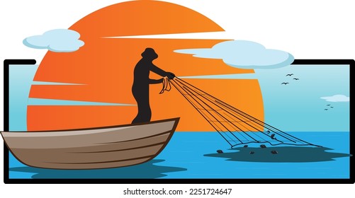 vector fisherman casting fish with net in the ocean