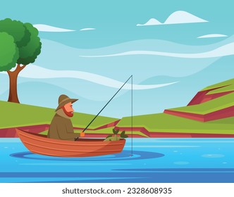 Vector fisherman catching fish and boat on the lake