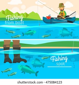 Vector fisherman catching fish at lake. Fishing vector illustration