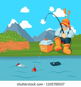 Vector fisherman with fishing road catching a fish on mountain landscape bacgkround concept illustration. Man fisher catch in river or lake, hobby sport summer