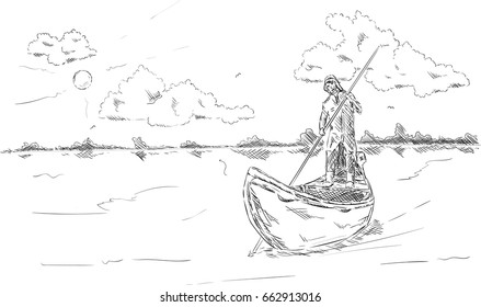 vector - Fisherman on the boat - isolated on background