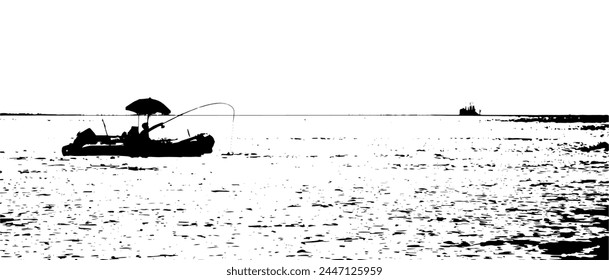 Vector of a fisherman on the dinghy with the bent fishing rod