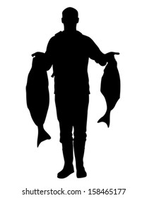 Vector of fisherman with two large Halibut