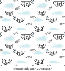 Vector fishes doodles seamless pattern.. Cute clipart. Hand drawn illustration. Perfect for textile print, baby shower, kids bedroom decor, birthday party, packaging design, wrapping paper, fabric in 