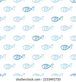 Vector fishes doodles seamless pattern.. Cute hand drawn illustration. Perfect for textile print, baby shower, kids bedroom decor, birthday party, packaging design, wrapping paper