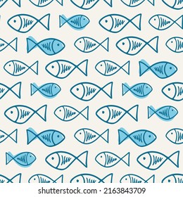 Vector fishes doodles seamless pattern. Cute hand drawn illustration. Perfect for textile print, baby shower, kids bedroom decor, birthday party, packaging design, wrapping paper