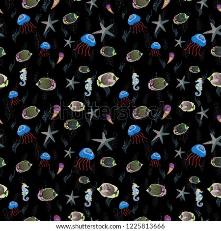 Vector fishes in gray, blue and black colors. Funny cartoon colorful fishes seamless pattern.