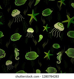 Vector fishes in green, black and yellow colors. Funny cartoon colorful fishes seamless pattern.
