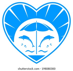 vector fishes jumping over the waves and beach umbrella in heart isolated on white background