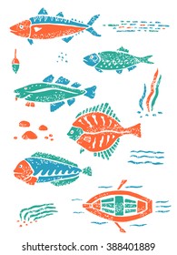 Vector fishes in lino style. Set for menu, tableware, textile and illustration