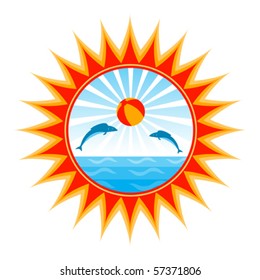 vector fishes playing with beach ball in sun on white background