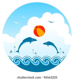 vector fishes playing with beach ball