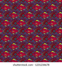 Vector fishes in red, violet and green colors. Funny cartoon colorful fishes seamless pattern.