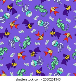 Vector fishes,jellyfishes and sea Horse  seamless pattern. Cartoon fish,jellyfishs and sea Horse backround. Colored fishes, jellyfishes and sea Horse on violet background.