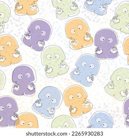 Vector fishes,jellyfishes and sea Horse seamless pattern. Cartoon fish,jellyfishs and sea Horse backround. Colored fishes, jellyfishes and sea Horse on violet background.