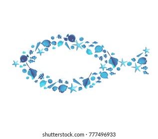 Vector fish-frame consisting of fish, seashells, sea stars on white background