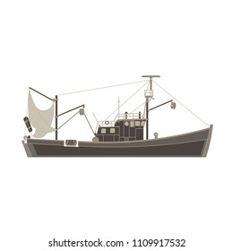 Vector fishing boat flat icon isolated. Vessel ship cargo illustration side view. Black catch commercial container cruise design. Industrial sea ship silhouette transport travel. Water transportation.