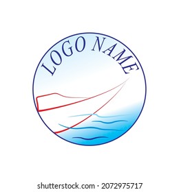 vector fishing boat, boat with red line, and blue color as ocean waves. vector design for logo
