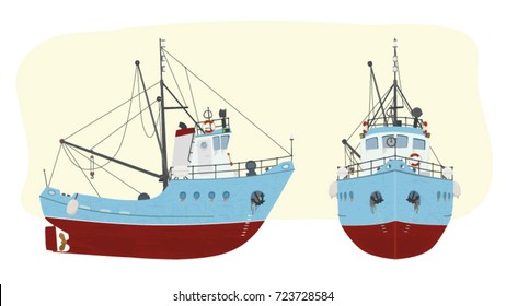 Vector fishing boat in retro style in two perspectives for advertising, printed products and websites