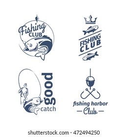 Vector fishing club emblems. River fish catching logo set with perch and fisherman