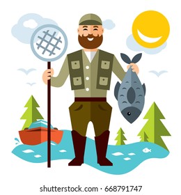 Vector Fishing concept. Fisherman with big fish. Flat style colorful Cartoon illustration.