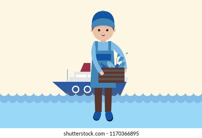 Vector Fishing concept. Fisherman with fish box with ship - Vector flat cartoon illustration