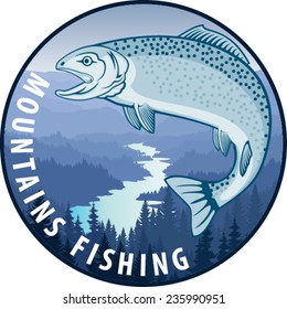 Vector fishing emblem label with salmon fish and mountains river in forest