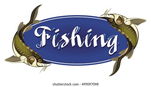 Vector fishing emblem with two fish sturgeon