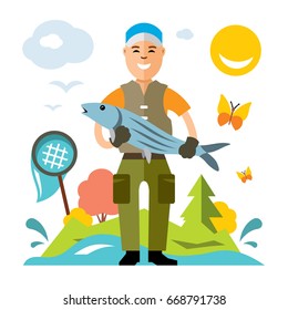 Vector Fishing. Fisherman with big fish. Flat style colorful Cartoon illustration.