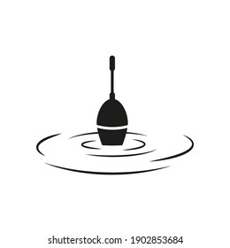 Vector fishing float underwater with ripples. Black silhouette bobber icon isolated on white background.