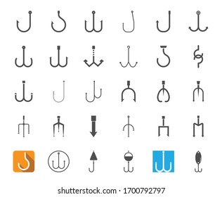 Vector fishing hook and related solid icon, 64x64 Pixel perfect icon, editable icon for web design and application on white isolated background