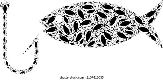 Vector fishing icon composition. Fishing composition is organized of random recursive fishing elements. Recursion collage of fishing icon.
