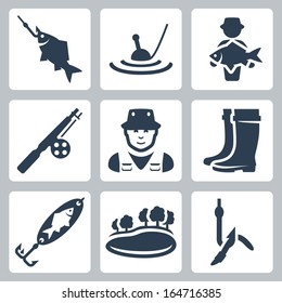 Vector fishing icons set: fish on a hook, float, big fish, fishing rod, fisherman, wading boots, spoon-bait, lake, worm on a hook