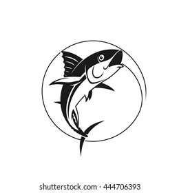 Vector fishing logo. Catching tuna on the hook. Stock vector illustration in one color.