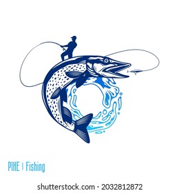 Vector fishing logo with fish and fisherman with a fishing rod. Jumping pike and water splash illustration