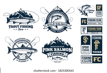 Vector fishing logo and illustrations. Fishing tournament, tours and camps badges