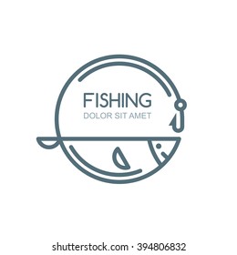 Vector fishing logo, label, badge, emblem design elements. Outline fish, fishing rod and hook illustration, isolated. 