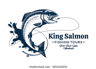 Vector fishing logo with salmon fish, fishing rod, line, hook and water splash. Fishing tournament, tour and camp illustrations