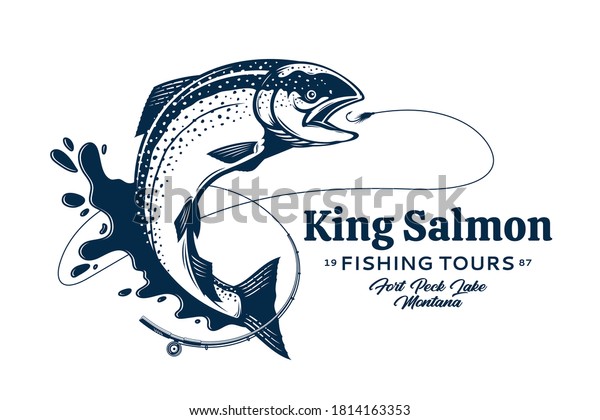 Vector fishing logo with salmon fish,\
fishing rod, line, hook and water splash. Fishing tournament, tour\
and camp illustrations