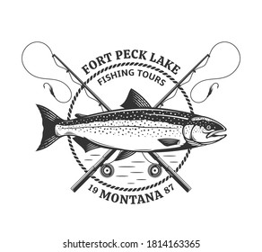 Vector fishing logo template with salmon fish, fishing rods, lines and hooks. Fishing tournament, store, tour and camp illustrations