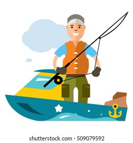 Vector Fishing man. Flat style colorful Cartoon illustration.