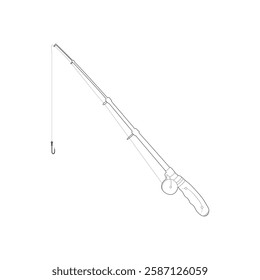 Vector fishing rod and hook line art silhouette illustrations on a white background
