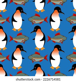 Vector fishing seamless pattern. Penguin with fresh fish background. Winter landscape on background. Funny polar winter texture.