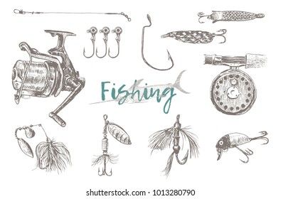 Vector Fishing Tackle isolated on white background. Retro Vintage doodle hand drawn engraving style  illustration. Scratch board imitation. Background with lettering