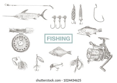 Vector Fishing Tackle isolated on white background. Retro Vintage doodle hand drawn engraving style  illustration